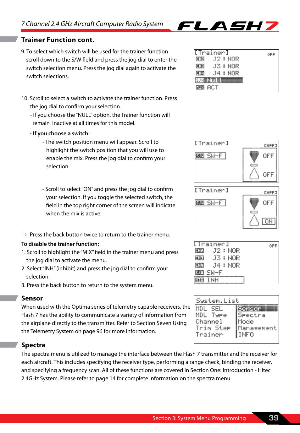 7 channel 2.4 ghz aircraft computer radio system, 39 sensor, Spectra | Trainer function cont | HITEC Flash 7 User Manual | Page 40 / 102