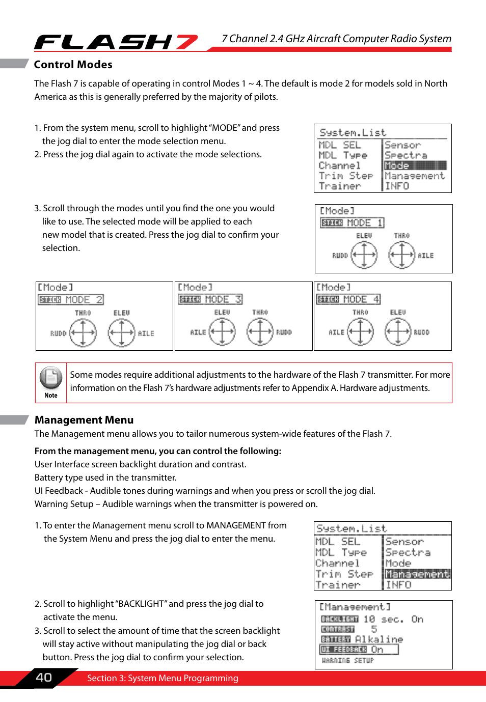 Control modes, Management menu, Control modes management menu | 7 channel 2.4 ghz aircraft computer radio system, 40 control modes | HITEC Flash 7 User Manual | Page 41 / 102