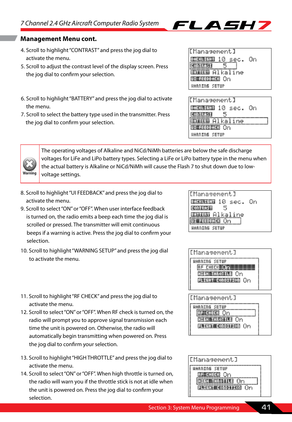 7 channel 2.4 ghz aircraft computer radio system, Management menu cont | HITEC Flash 7 User Manual | Page 42 / 102