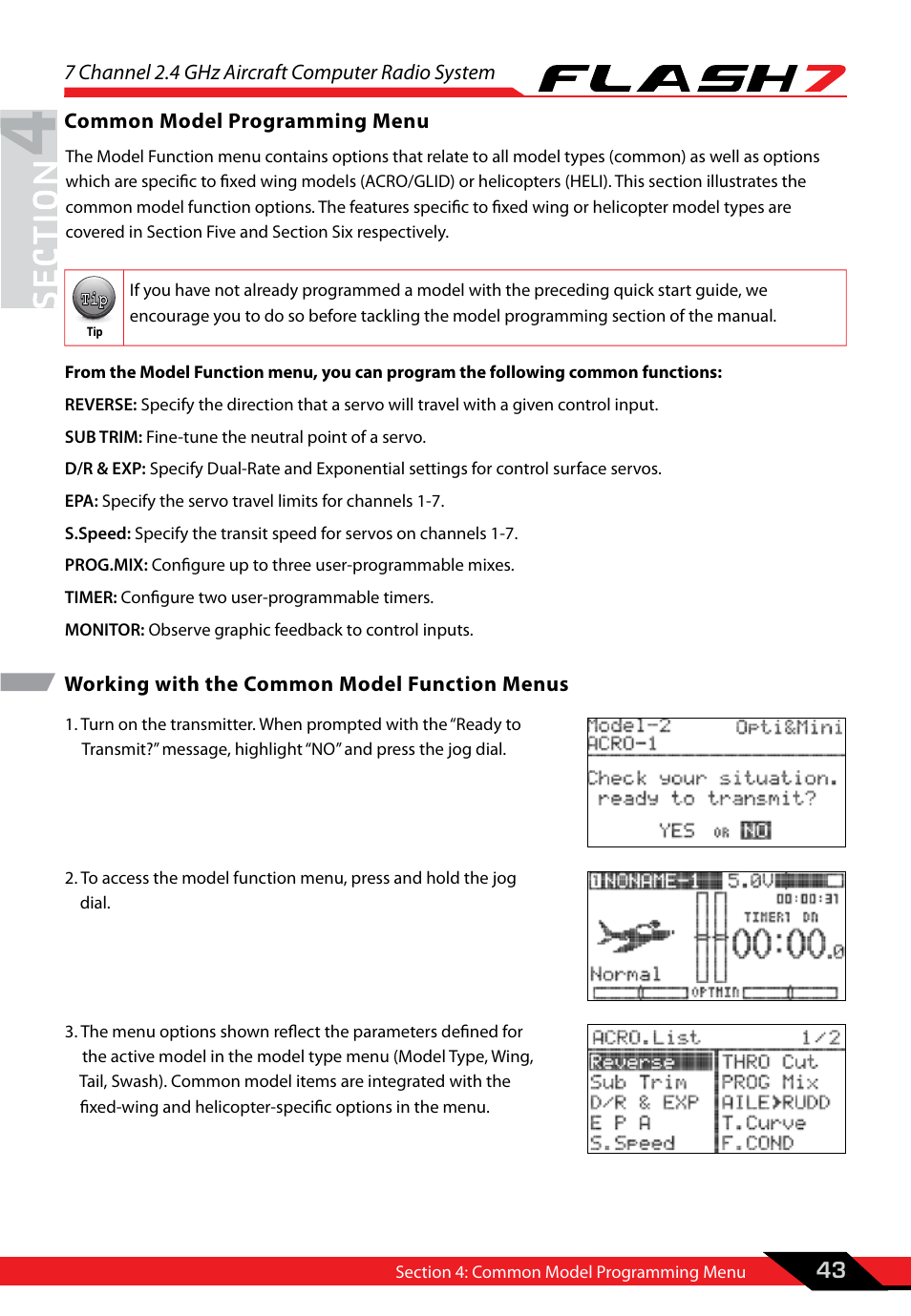 Section 4: common model programming menu, Working with the common model function menus, Common model programming menu | 7 channel 2.4 ghz aircraft computer radio system | HITEC Flash 7 User Manual | Page 44 / 102