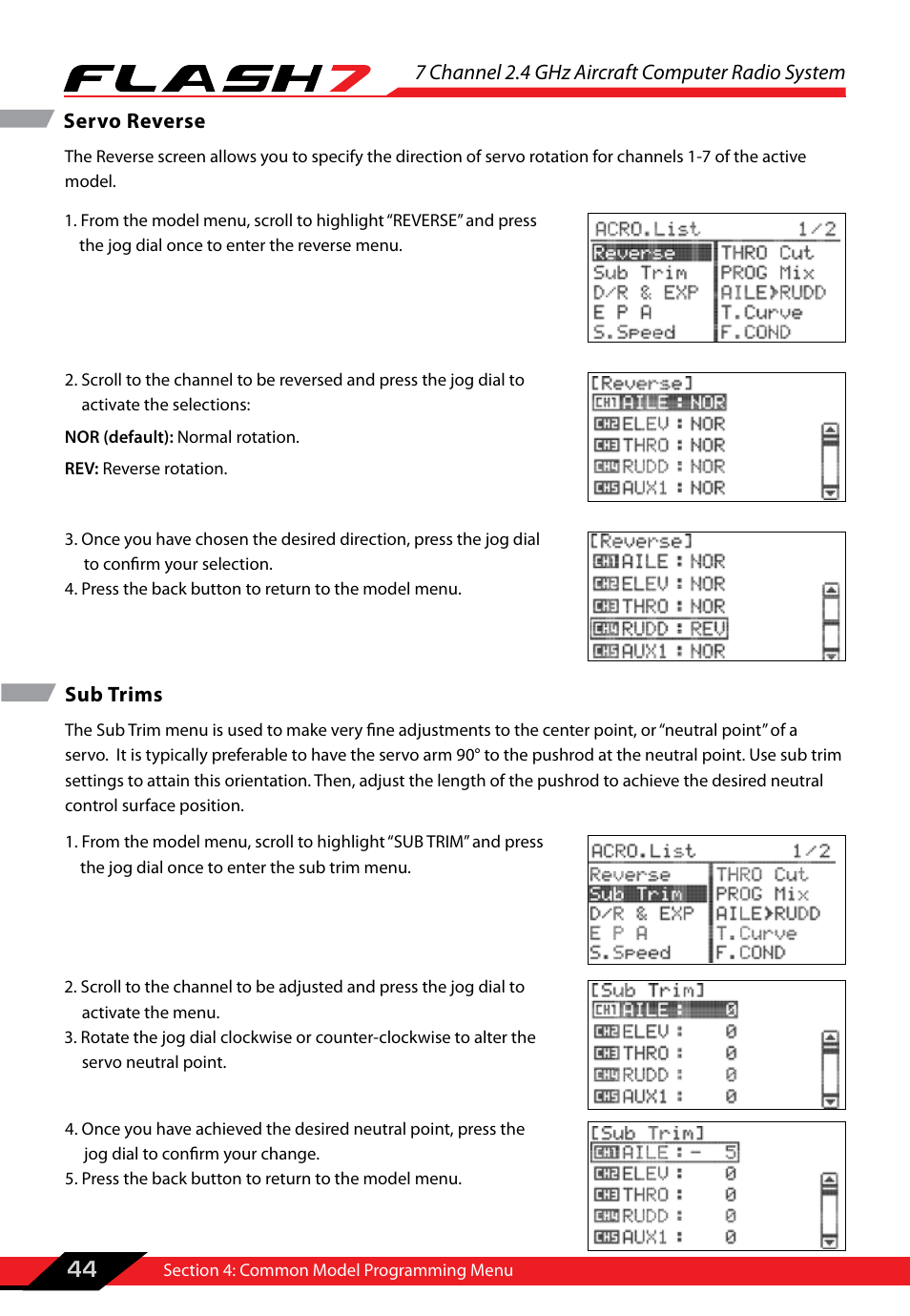 Servo reverse, Sub trims, Servo reverse sub trims | HITEC Flash 7 User Manual | Page 45 / 102