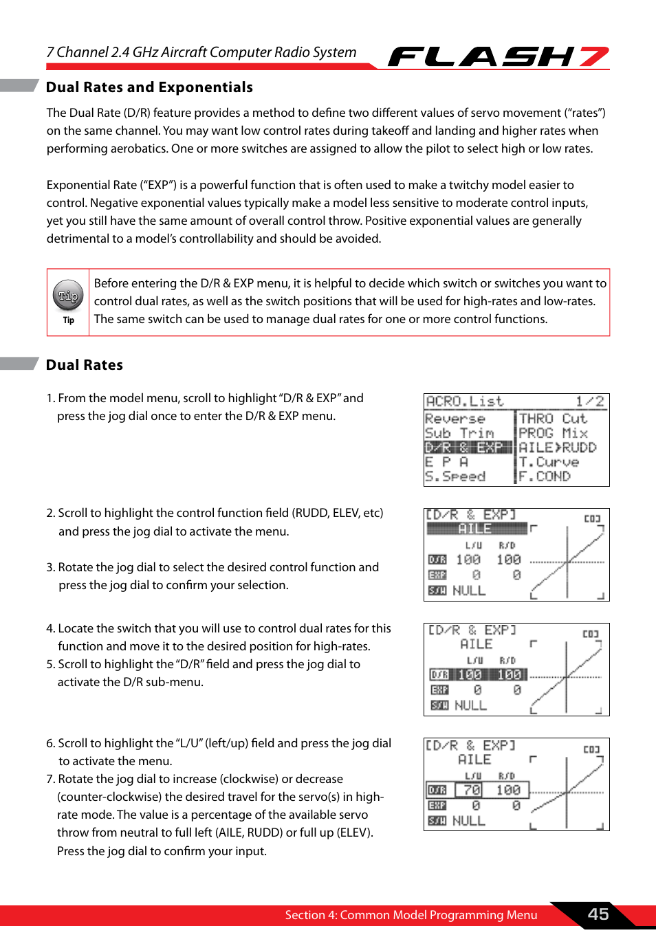 Dual rates and exponentials, 7 channel 2.4 ghz aircraft computer radio system, Dual rates | HITEC Flash 7 User Manual | Page 46 / 102