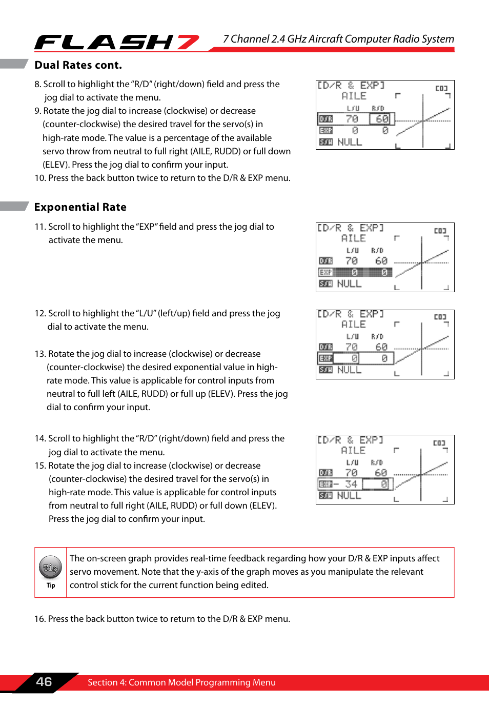 7 channel 2.4 ghz aircraft computer radio system, 46 dual rates cont, Exponential rate | HITEC Flash 7 User Manual | Page 47 / 102