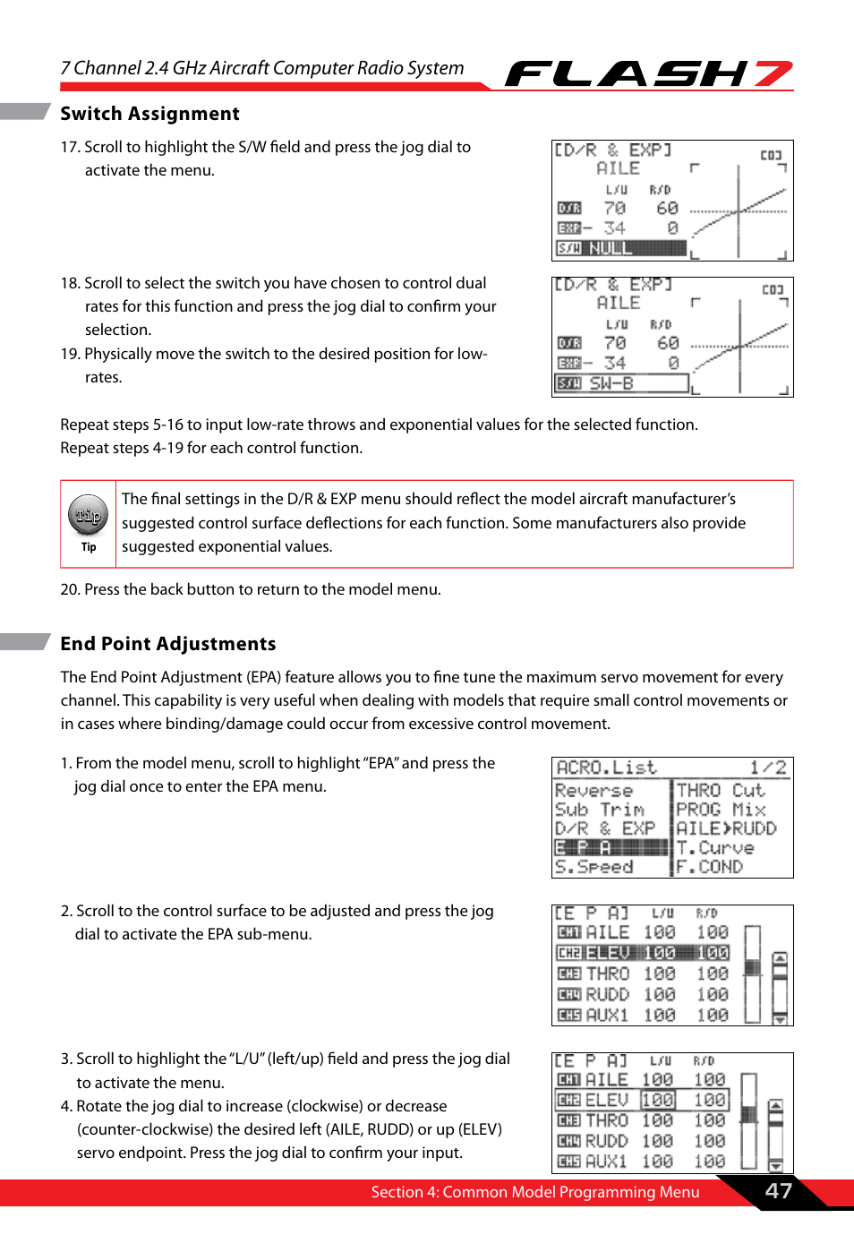 Switch assignment, End point adjustments, Switch assignment end point adjustments | 7 channel 2.4 ghz aircraft computer radio system, 47 switch assignment | HITEC Flash 7 User Manual | Page 48 / 102