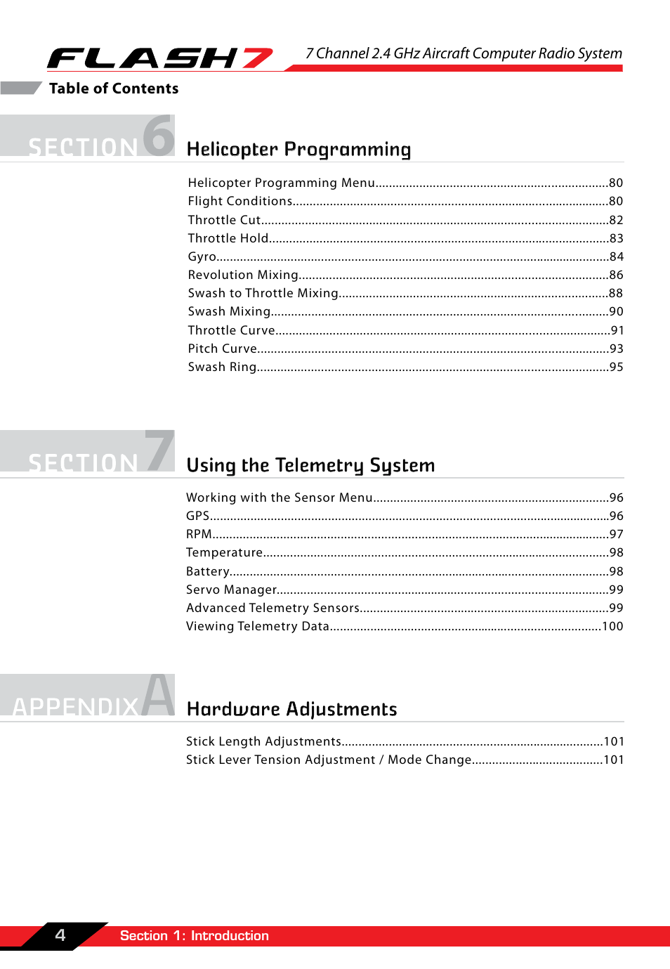 Helicopter programming using the telemetry system, Hardware adjustments | HITEC Flash 7 User Manual | Page 5 / 102