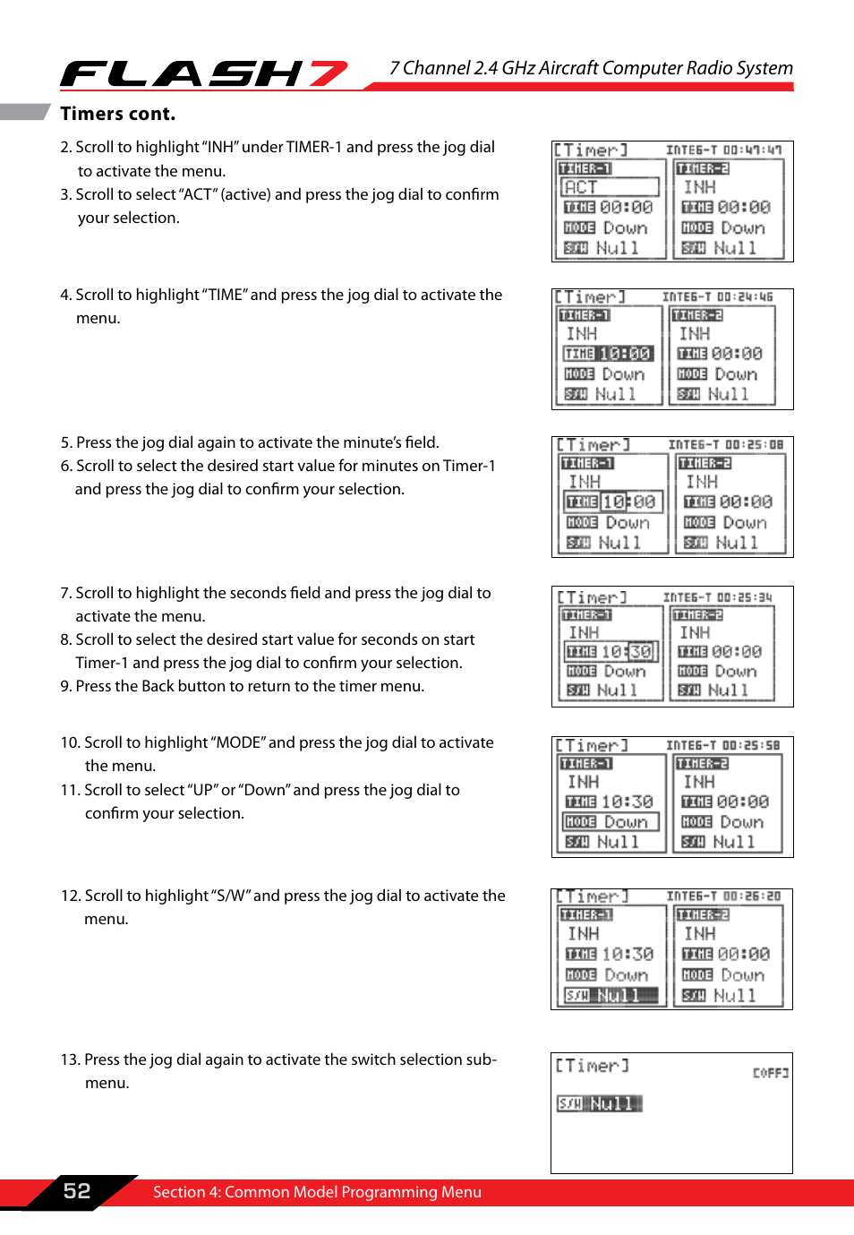 7 channel 2.4 ghz aircraft computer radio system, 52 timers cont | HITEC Flash 7 User Manual | Page 53 / 102