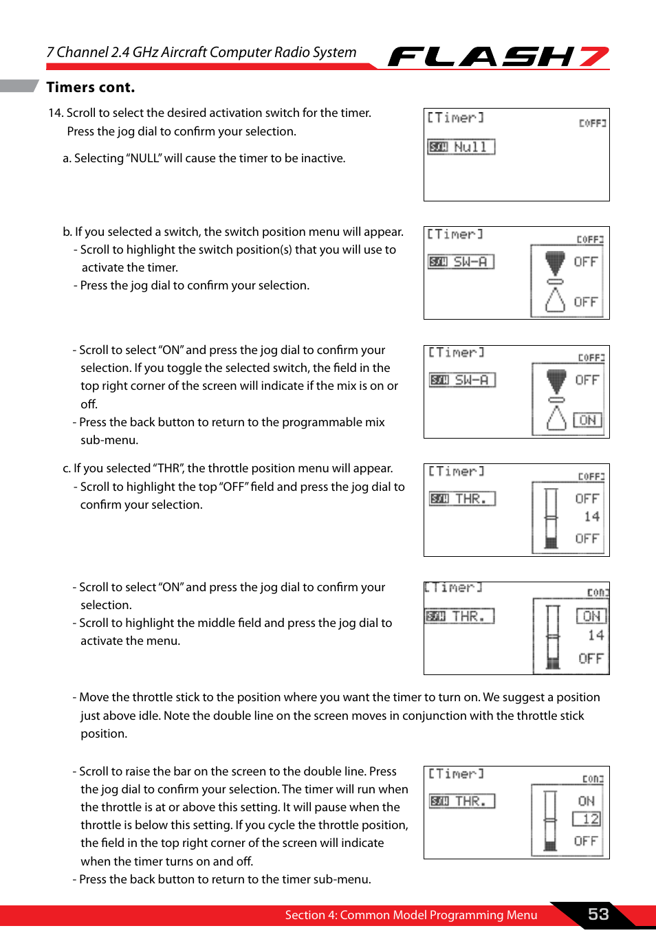 7 channel 2.4 ghz aircraft computer radio system, 53 timers cont | HITEC Flash 7 User Manual | Page 54 / 102