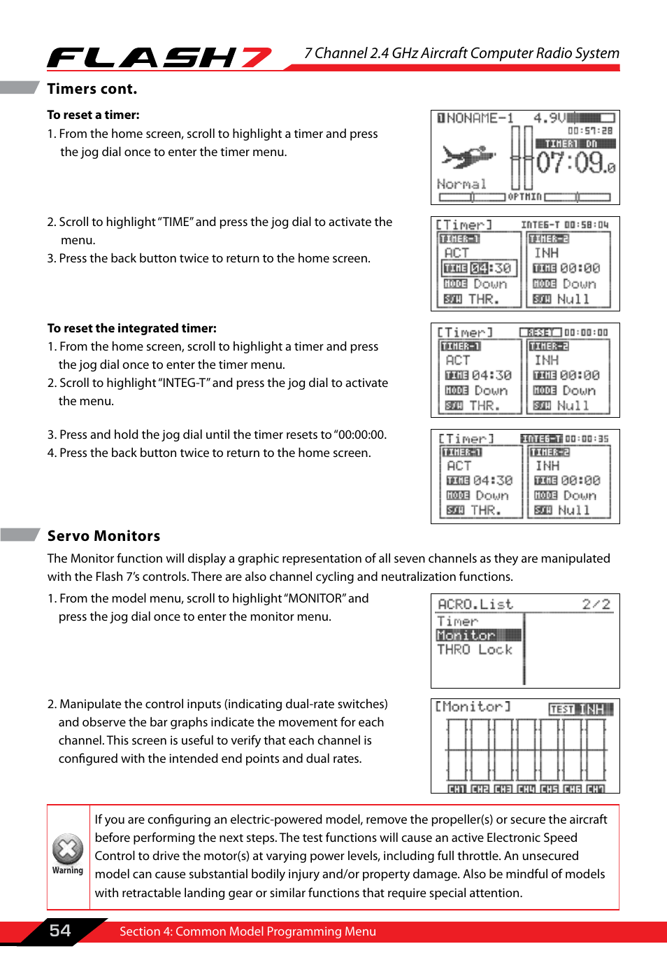 Servo monitors, 7 channel 2.4 ghz aircraft computer radio system, 54 timers cont | HITEC Flash 7 User Manual | Page 55 / 102