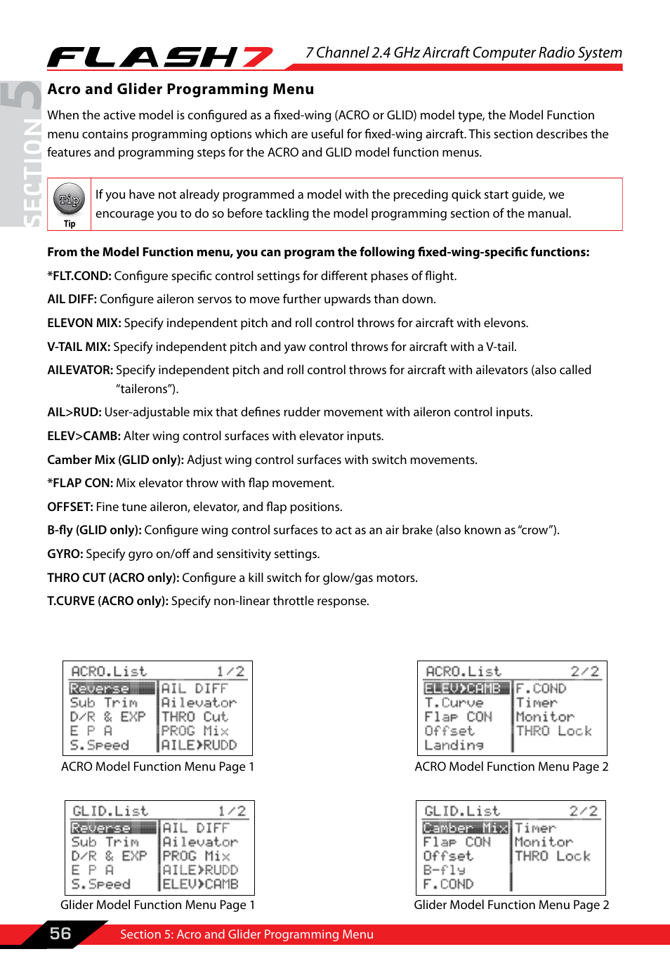 Section 5: acro and glider programming, Acro and glider programming menu, Acro and glider programming | 7 channel 2.4 ghz aircraft computer radio system, 56 acro and glider programming menu | HITEC Flash 7 User Manual | Page 57 / 102