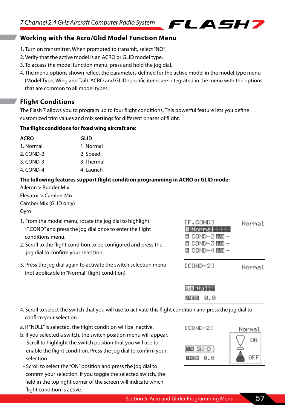 Flight conditions, 7 channel 2.4 ghz aircraft computer radio system, 57 working with the acro/glid model function menu | HITEC Flash 7 User Manual | Page 58 / 102