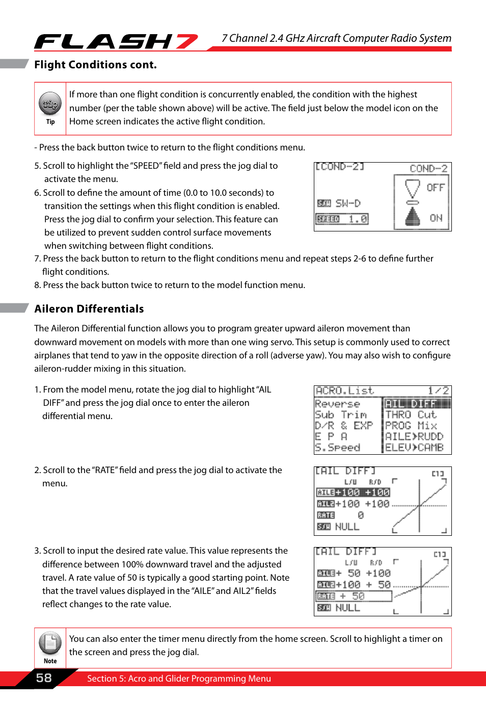 Aileron differentials, 7 channel 2.4 ghz aircraft computer radio system, 58 flight conditions cont | HITEC Flash 7 User Manual | Page 59 / 102