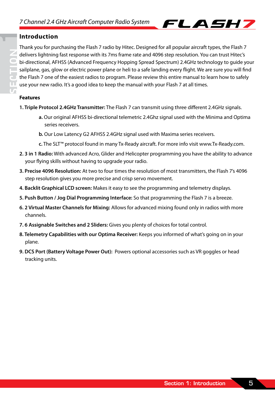 Section 1: introduction, 7 channel 2.4 ghz aircraft computer radio system, 5introduction | HITEC Flash 7 User Manual | Page 6 / 102