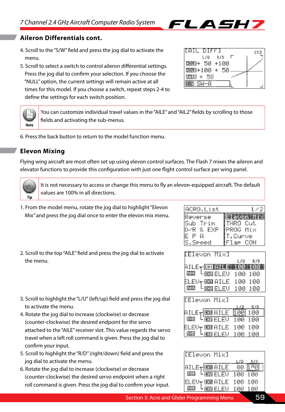 Elevon mixing, 7 channel 2.4 ghz aircraft computer radio system, 59 aileron differentials cont | HITEC Flash 7 User Manual | Page 60 / 102