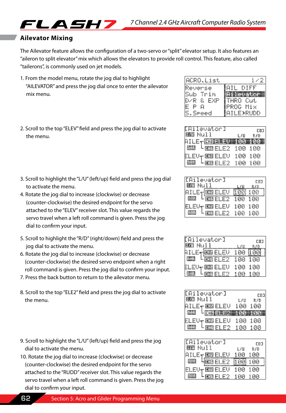 Ailevator mixing, 7 channel 2.4 ghz aircraft computer radio system, 62 ailevator mixing | HITEC Flash 7 User Manual | Page 63 / 102