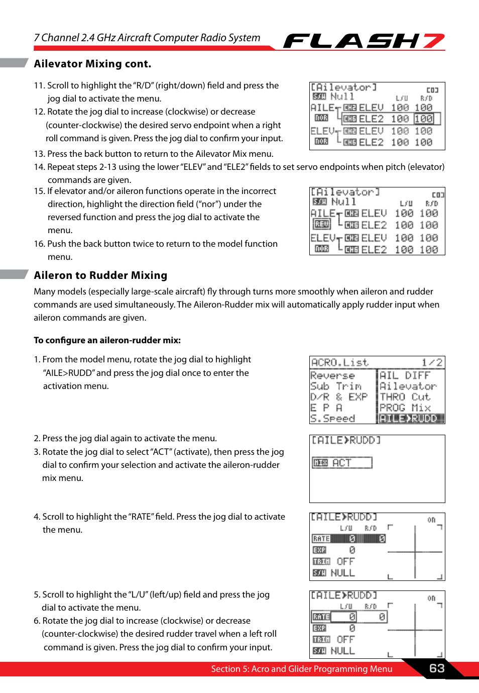 Aileron to rudder mixing, 7 channel 2.4 ghz aircraft computer radio system, 63 ailevator mixing cont | HITEC Flash 7 User Manual | Page 64 / 102