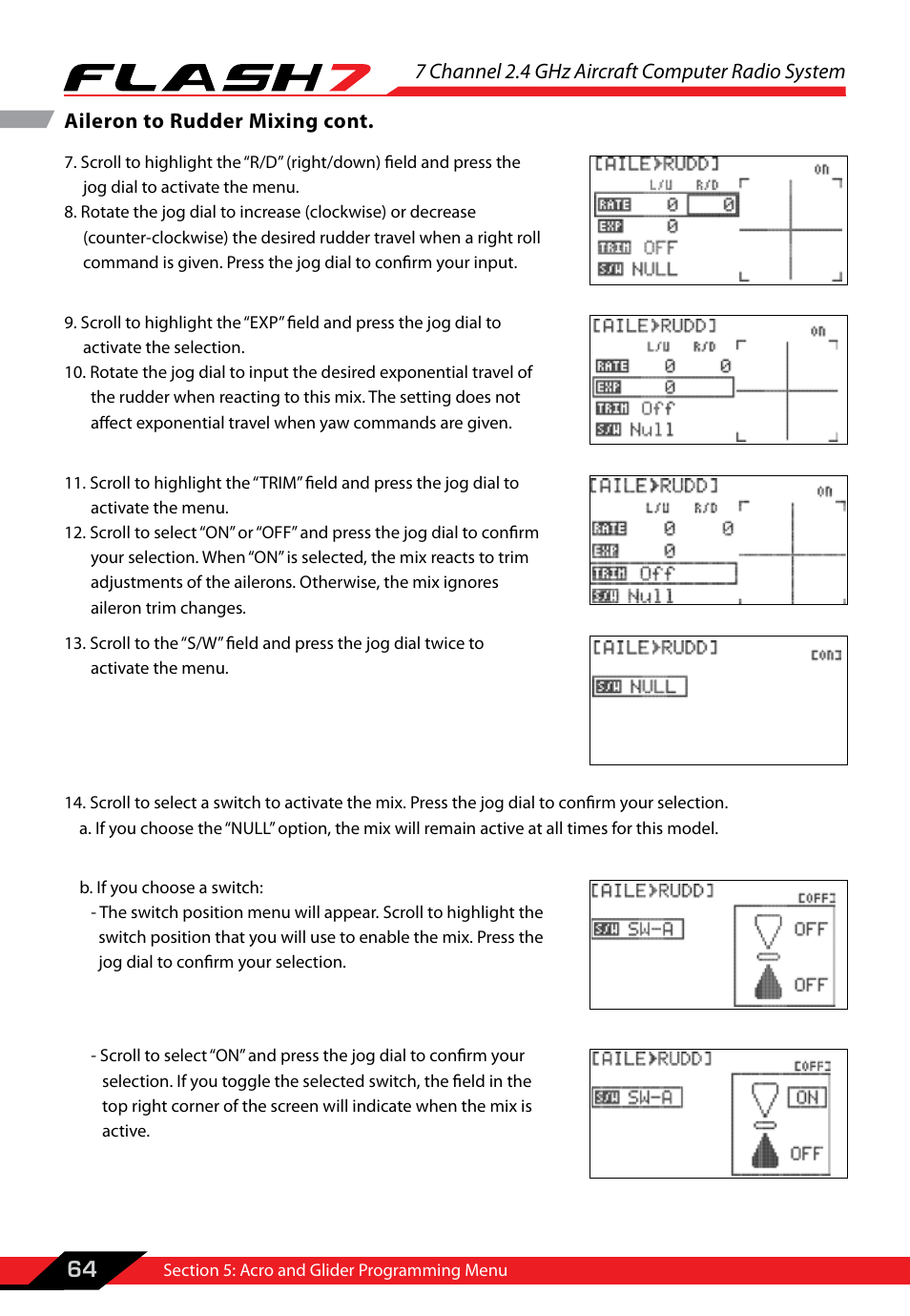 7 channel 2.4 ghz aircraft computer radio system, 64 aileron to rudder mixing cont | HITEC Flash 7 User Manual | Page 65 / 102