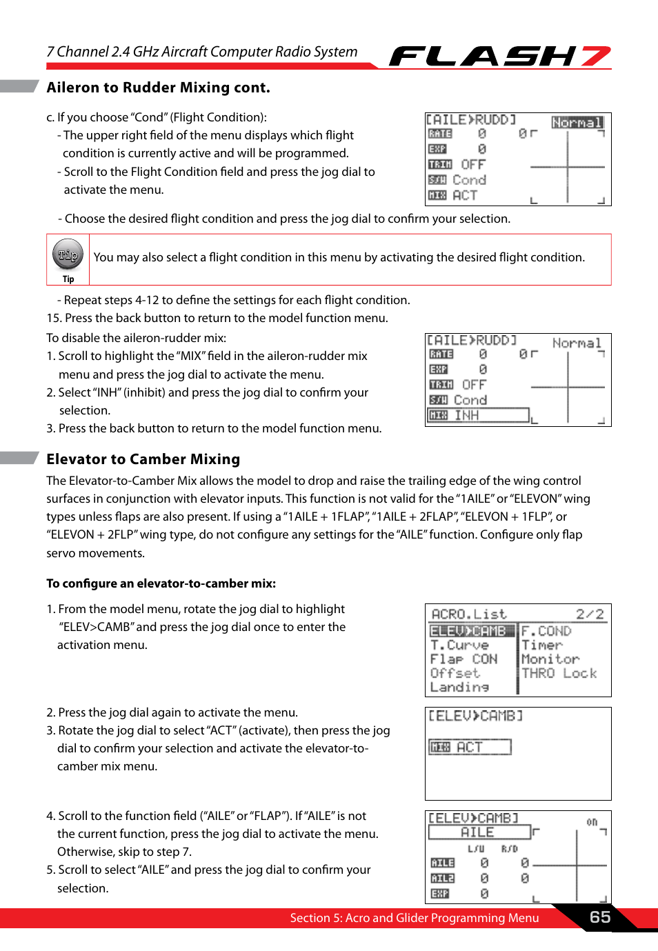 Elevator to camber mixing, 7 channel 2.4 ghz aircraft computer radio system, 65 aileron to rudder mixing cont | HITEC Flash 7 User Manual | Page 66 / 102