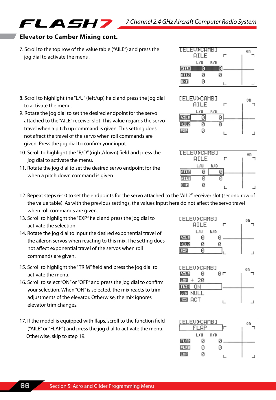 7 channel 2.4 ghz aircraft computer radio system, 66 elevator to camber mixing cont | HITEC Flash 7 User Manual | Page 67 / 102