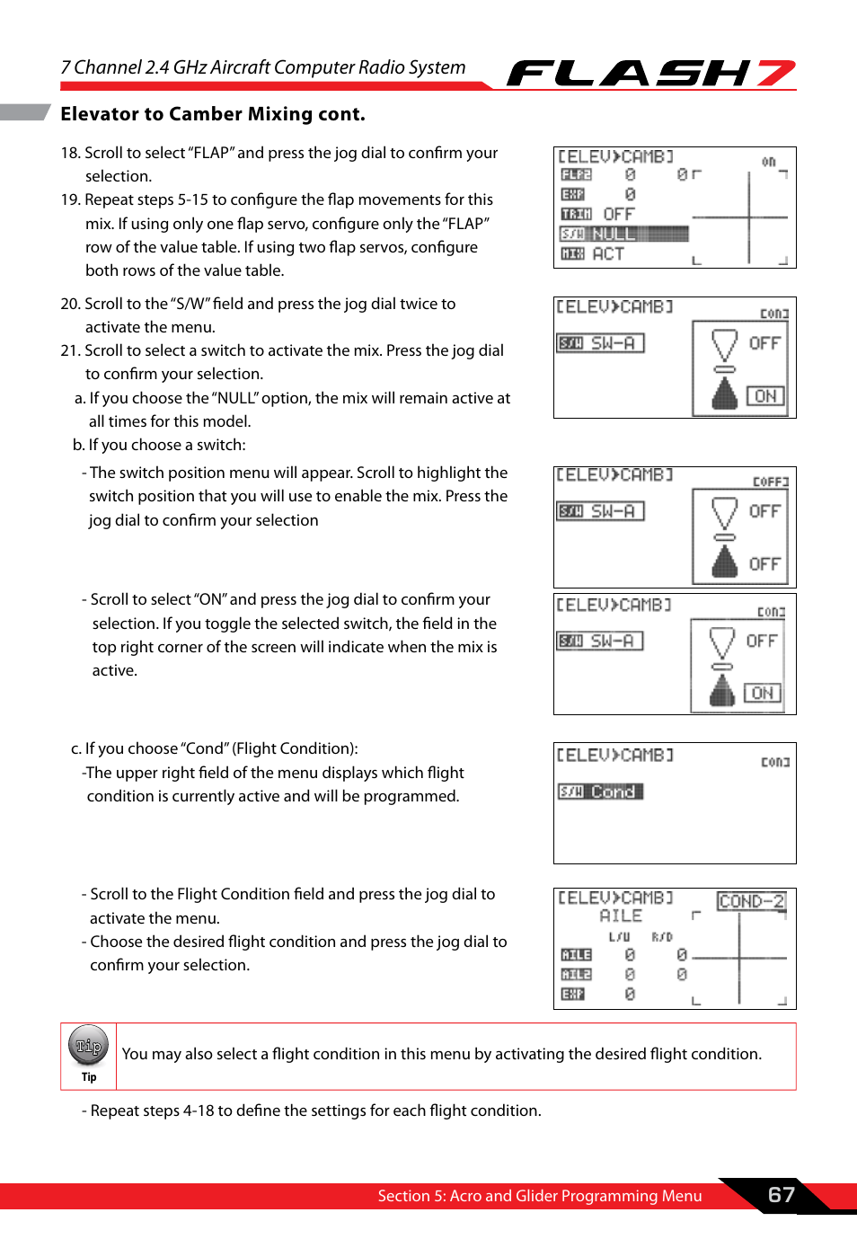 7 channel 2.4 ghz aircraft computer radio system, 67 elevator to camber mixing cont | HITEC Flash 7 User Manual | Page 68 / 102