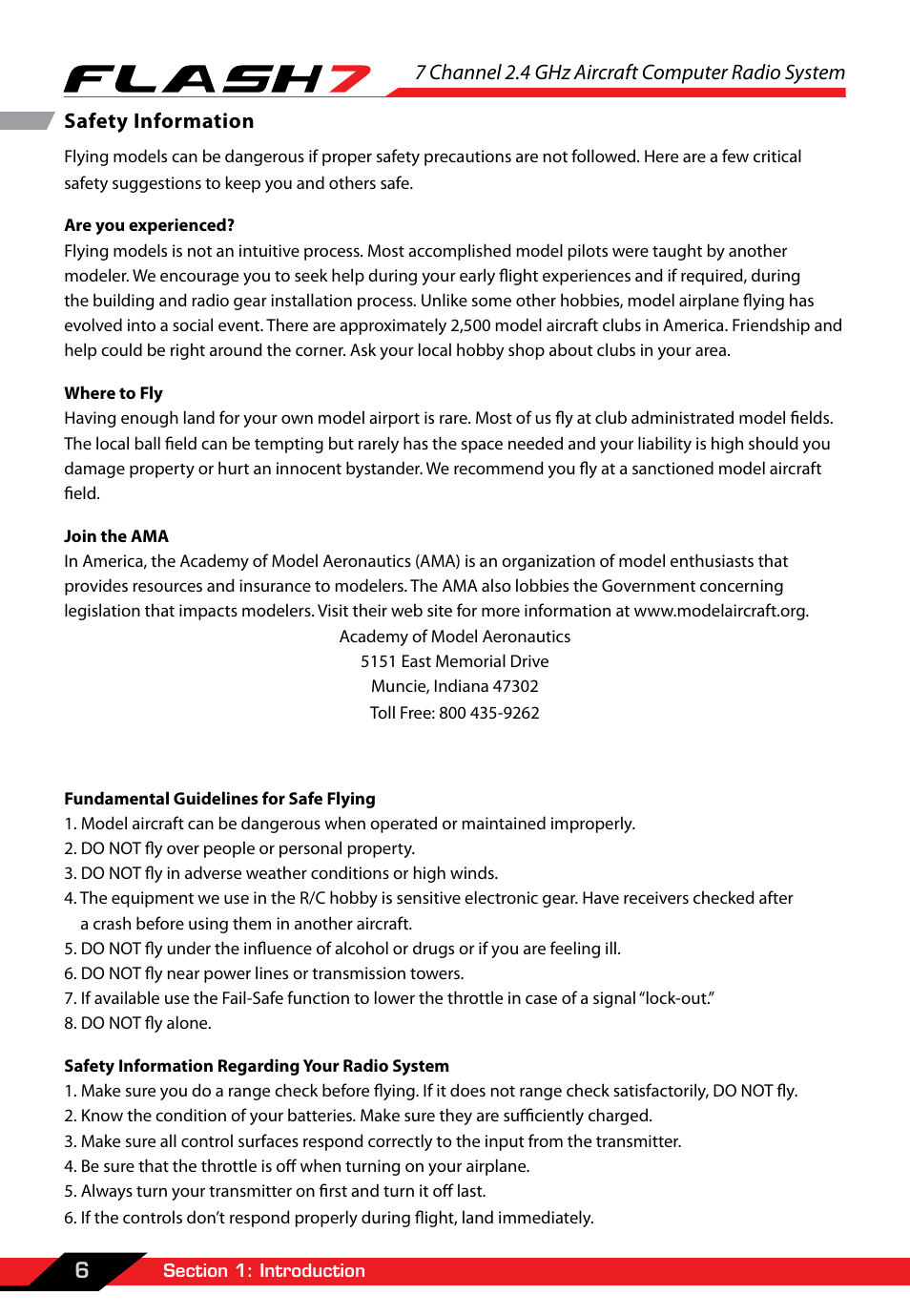 Safety information, 7 channel 2.4 ghz aircraft computer radio system, 6safety information | HITEC Flash 7 User Manual | Page 7 / 102