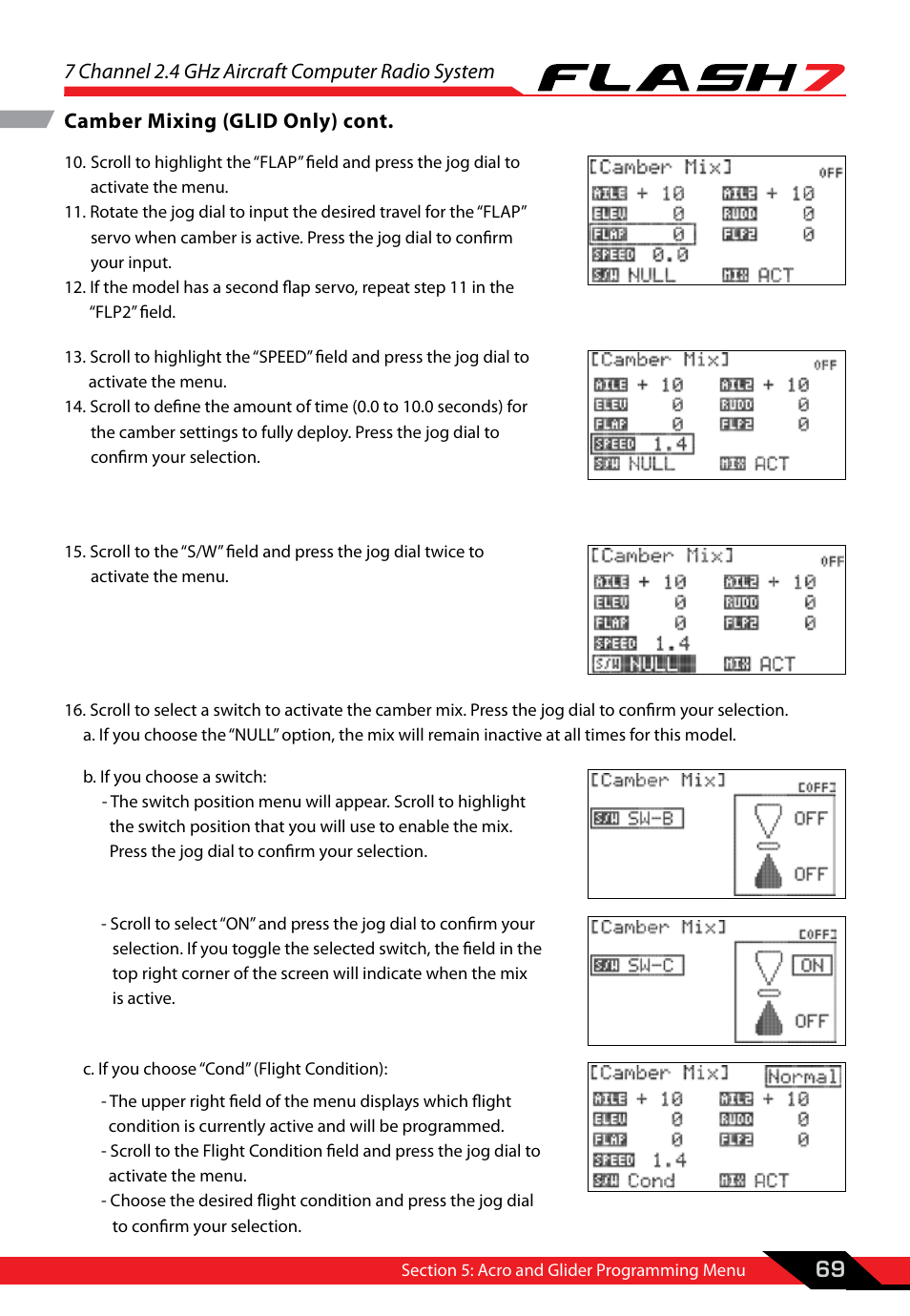 7 channel 2.4 ghz aircraft computer radio system, 69 camber mixing (glid only) cont | HITEC Flash 7 User Manual | Page 70 / 102