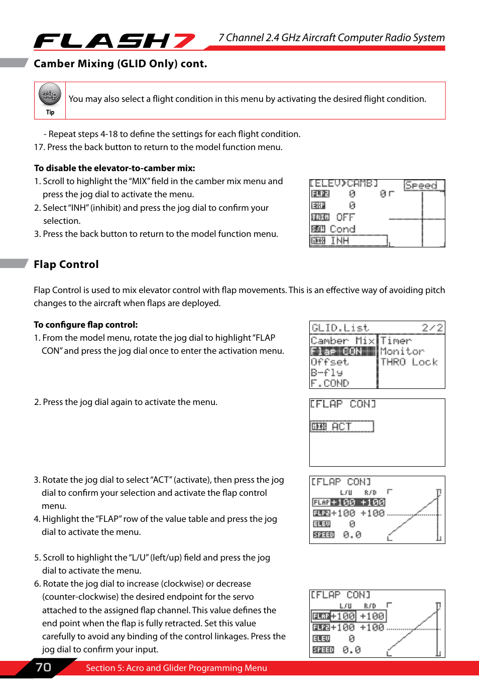 Flap control, 7 channel 2.4 ghz aircraft computer radio system, 70 camber mixing (glid only) cont | HITEC Flash 7 User Manual | Page 71 / 102