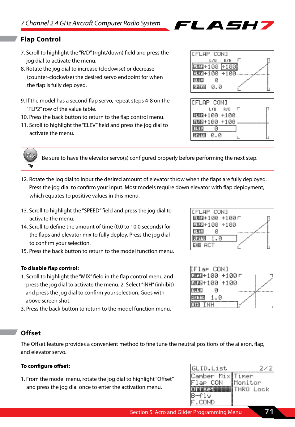 Offset, 7 channel 2.4 ghz aircraft computer radio system, 71 flap control | HITEC Flash 7 User Manual | Page 72 / 102