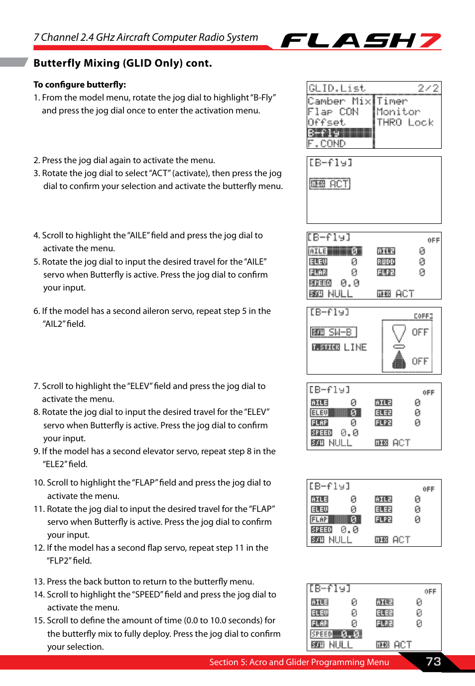 7 channel 2.4 ghz aircraft computer radio system, 73 butterfly mixing (glid only) cont | HITEC Flash 7 User Manual | Page 74 / 102