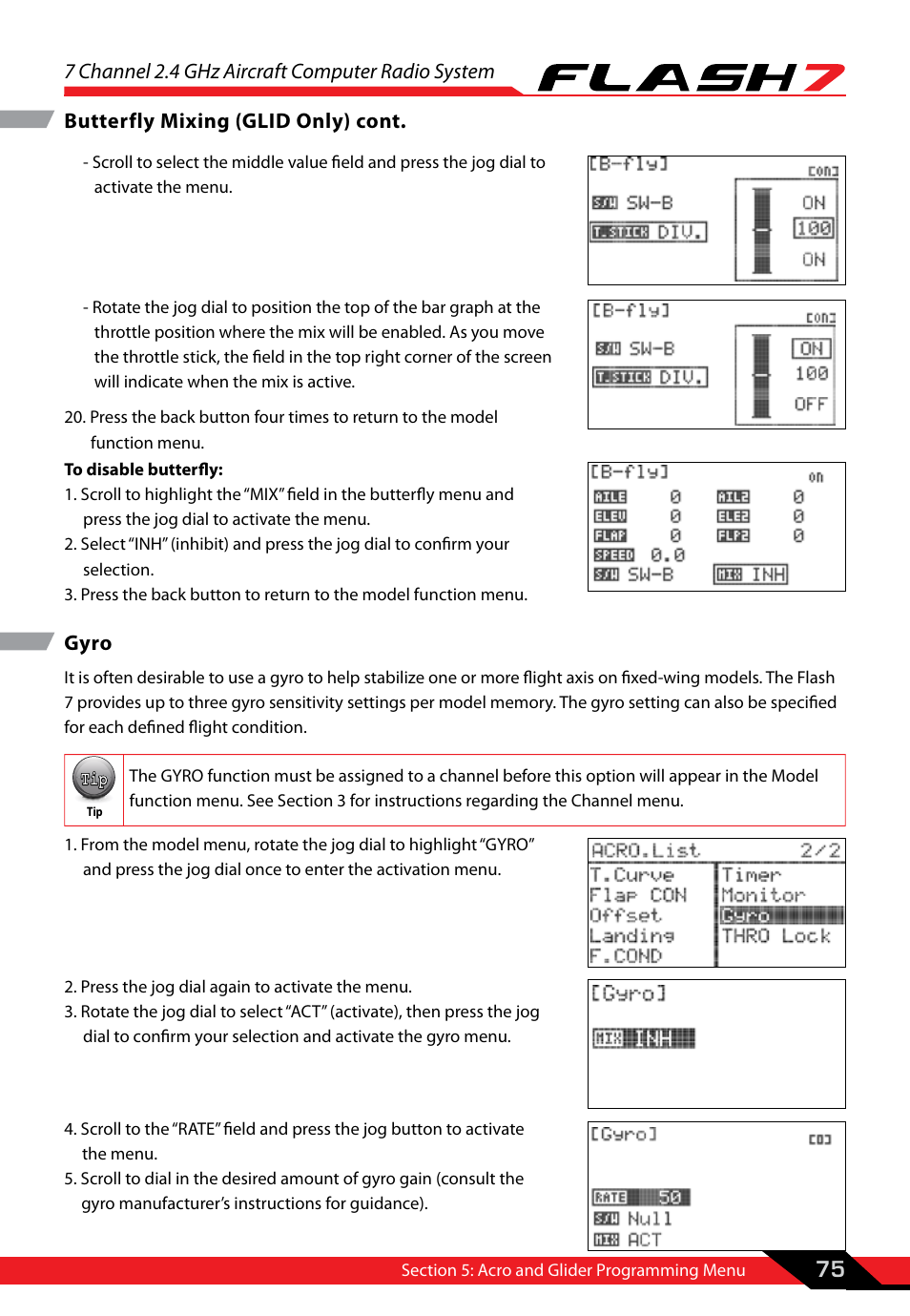 Gyro, 7 channel 2.4 ghz aircraft computer radio system, 75 butterfly mixing (glid only) cont | HITEC Flash 7 User Manual | Page 76 / 102