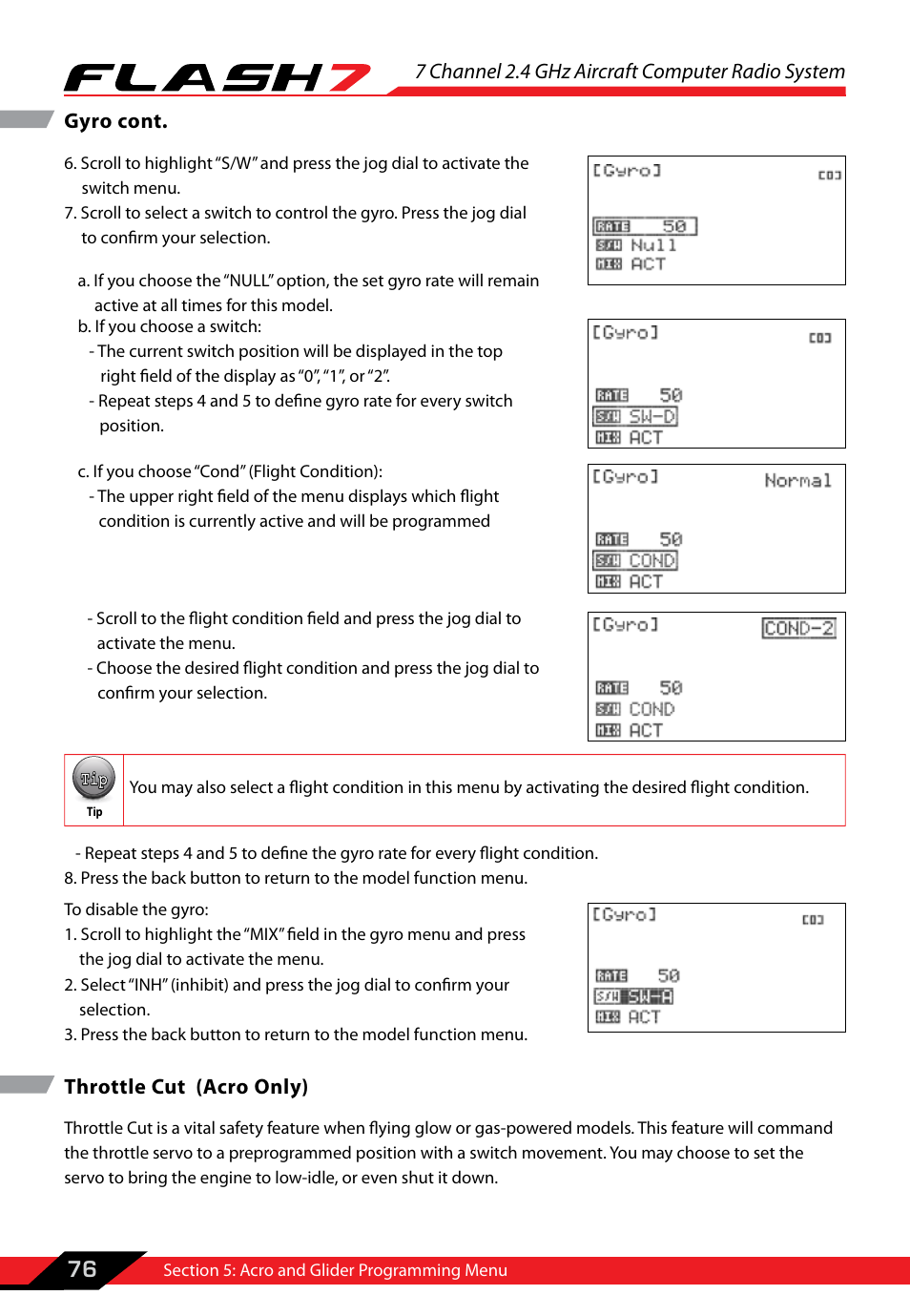 Throttle cut (acro only), 7 channel 2.4 ghz aircraft computer radio system, 76 gyro cont | HITEC Flash 7 User Manual | Page 77 / 102