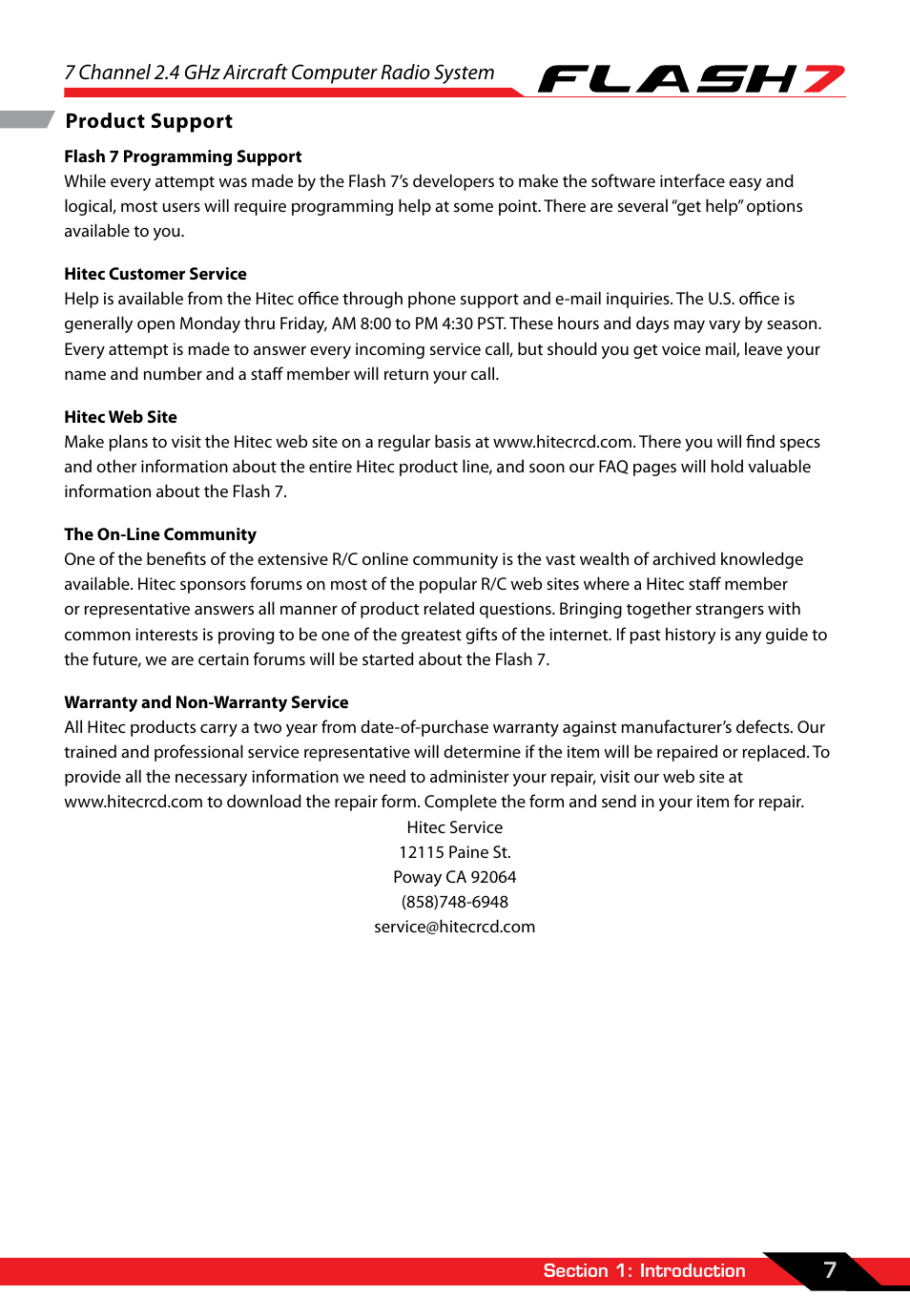 Product support, 7 channel 2.4 ghz aircraft computer radio system | HITEC Flash 7 User Manual | Page 8 / 102