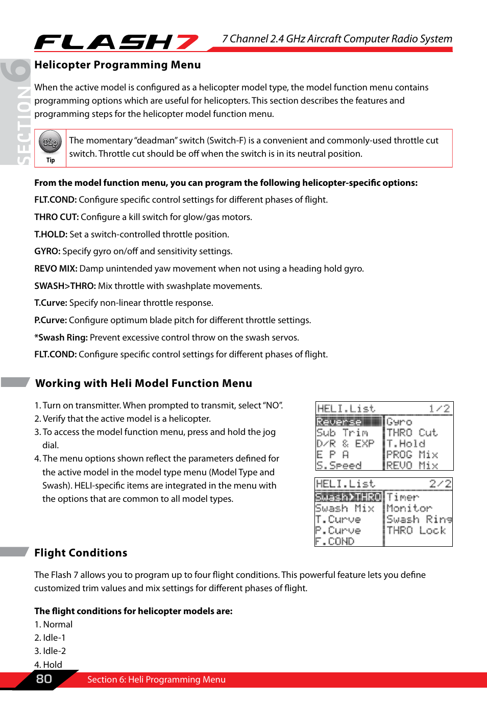 Section 6: helicopter programming, Helicopter programming menu, Flight conditions | Helicopter programming, Helicopter programming menu flight conditions, 7 channel 2.4 ghz aircraft computer radio system, 80 helicopter programming menu, Working with heli model function menu | HITEC Flash 7 User Manual | Page 81 / 102