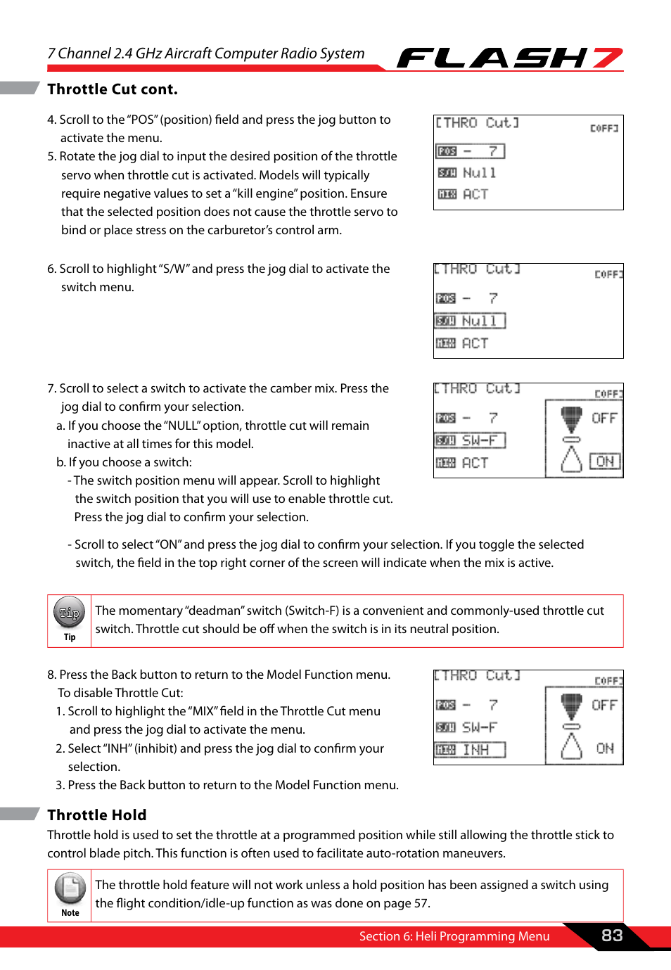 Throttle hold, 7 channel 2.4 ghz aircraft computer radio system, 83 throttle cut cont | HITEC Flash 7 User Manual | Page 84 / 102