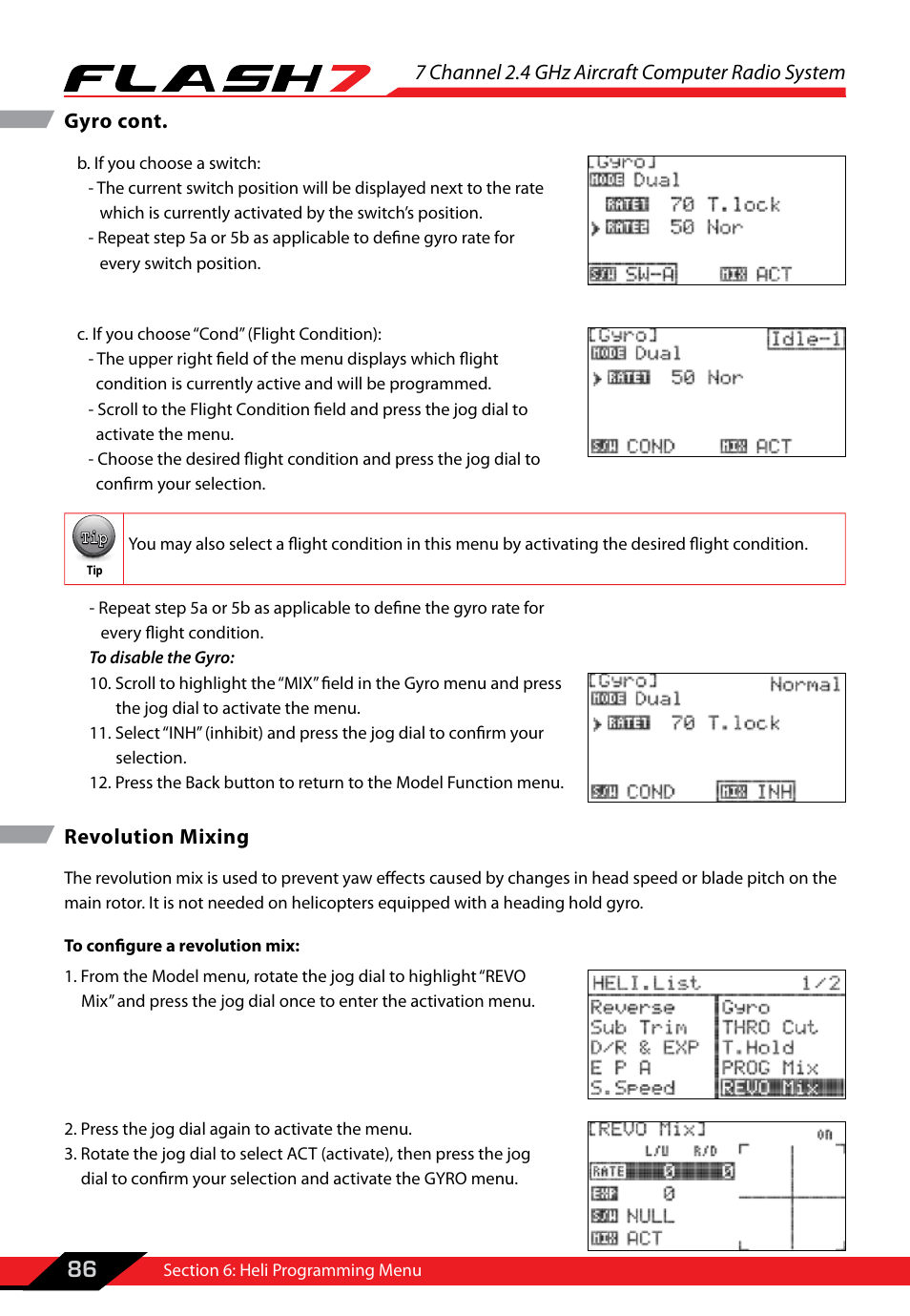 Revolution mixing, 7 channel 2.4 ghz aircraft computer radio system, 86 gyro cont | HITEC Flash 7 User Manual | Page 87 / 102