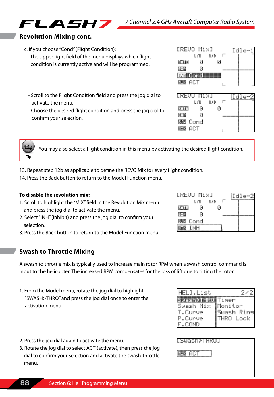 Swash to throttle mixing, 7 channel 2.4 ghz aircraft computer radio system, 88 revolution mixing cont | HITEC Flash 7 User Manual | Page 89 / 102