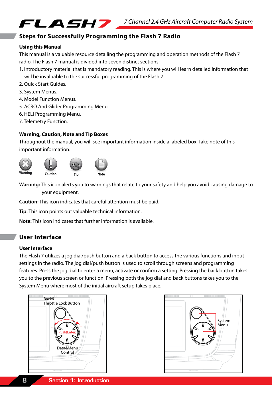 7 channel 2.4 ghz aircraft computer radio system, User interface | HITEC Flash 7 User Manual | Page 9 / 102