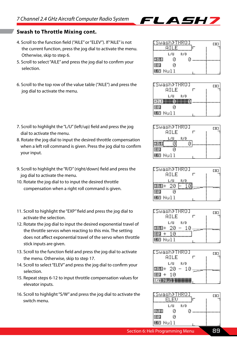 7 channel 2.4 ghz aircraft computer radio system, 89 swash to throttle mixing cont | HITEC Flash 7 User Manual | Page 90 / 102