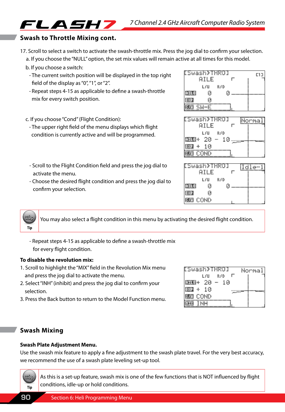 Swash mixing, 7 channel 2.4 ghz aircraft computer radio system, 90 swash to throttle mixing cont. swash mixing | HITEC Flash 7 User Manual | Page 91 / 102