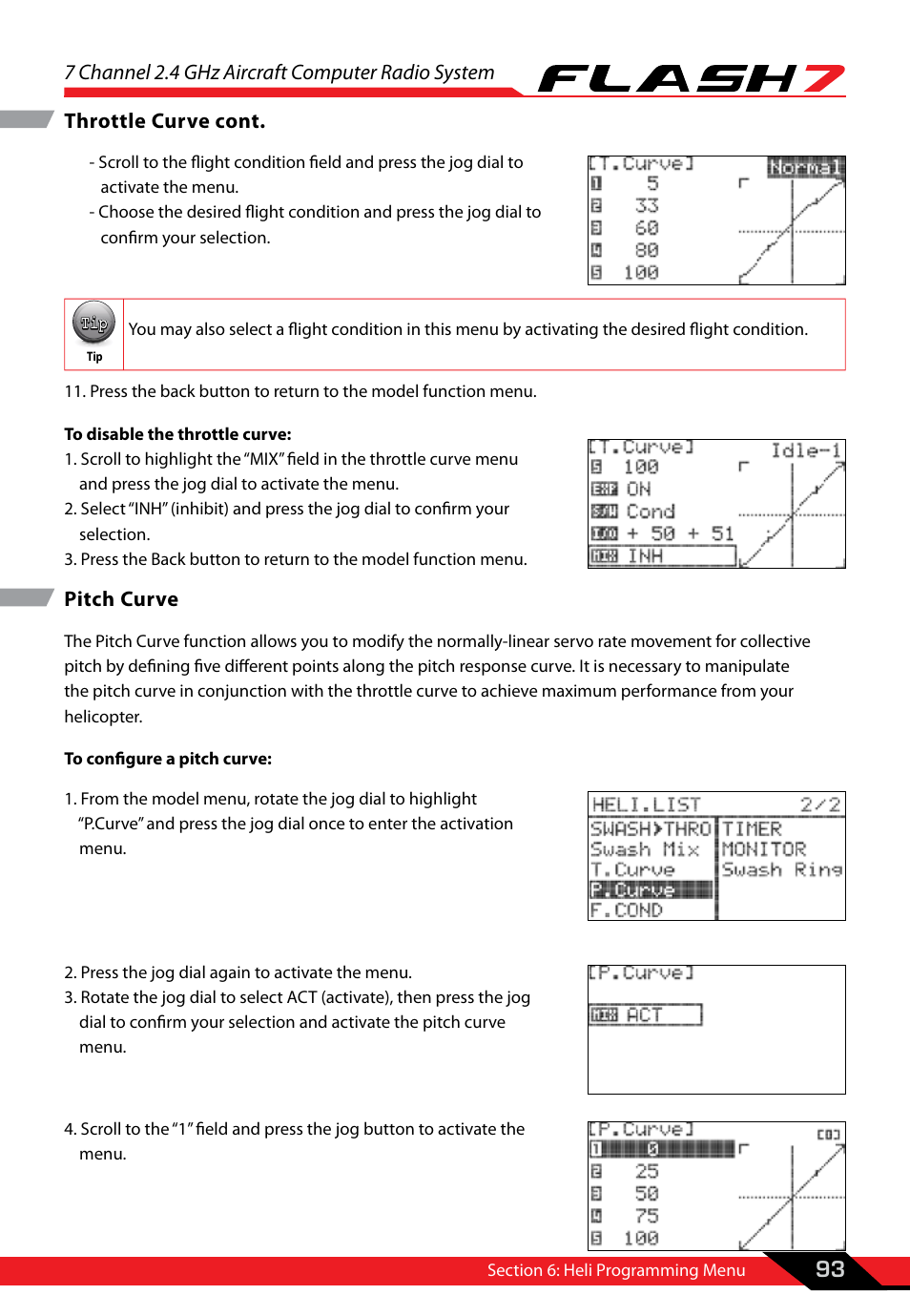 Pitch curve, 7 channel 2.4 ghz aircraft computer radio system, 93 throttle curve cont | HITEC Flash 7 User Manual | Page 94 / 102