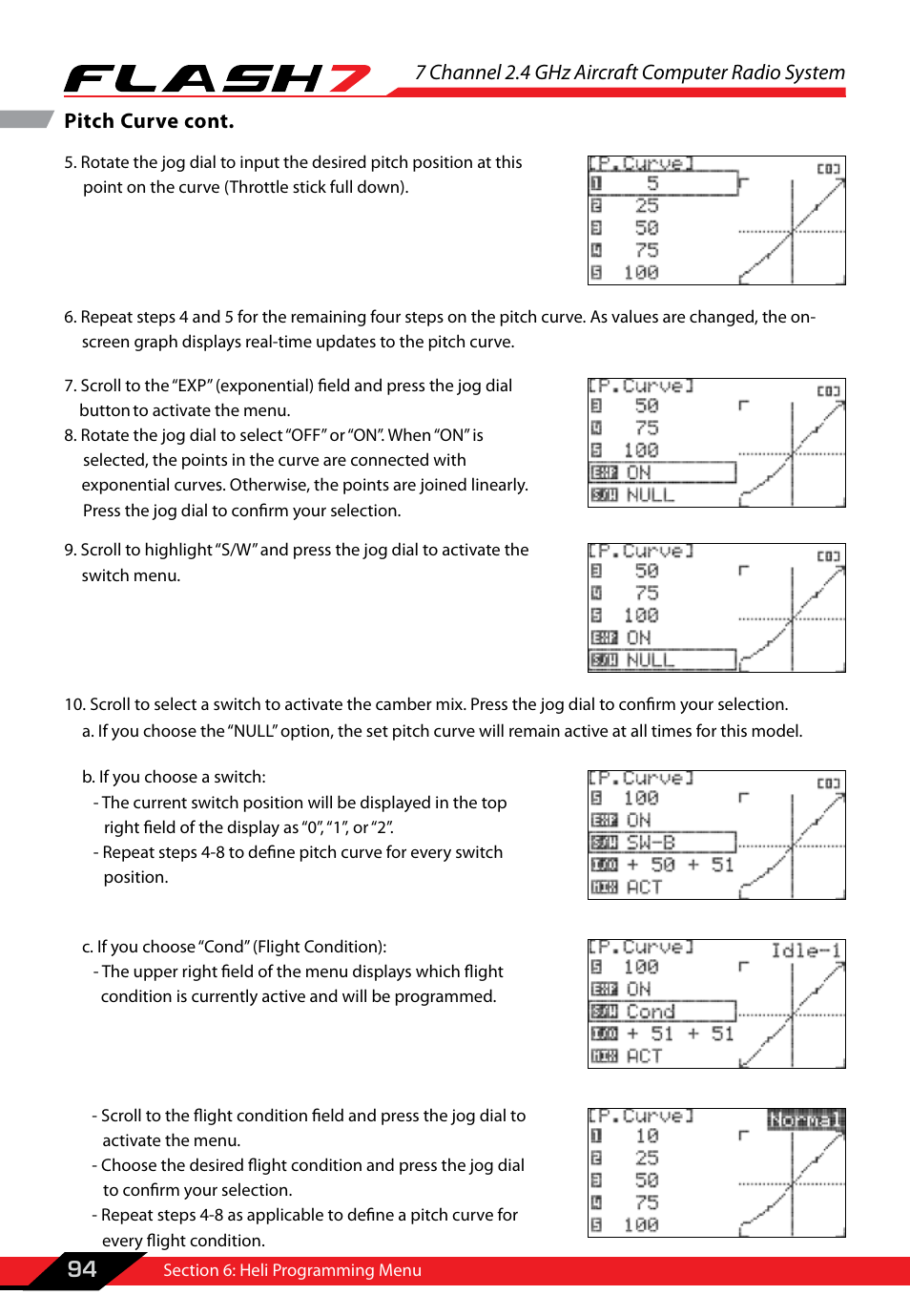 7 channel 2.4 ghz aircraft computer radio system, 94 pitch curve cont | HITEC Flash 7 User Manual | Page 95 / 102
