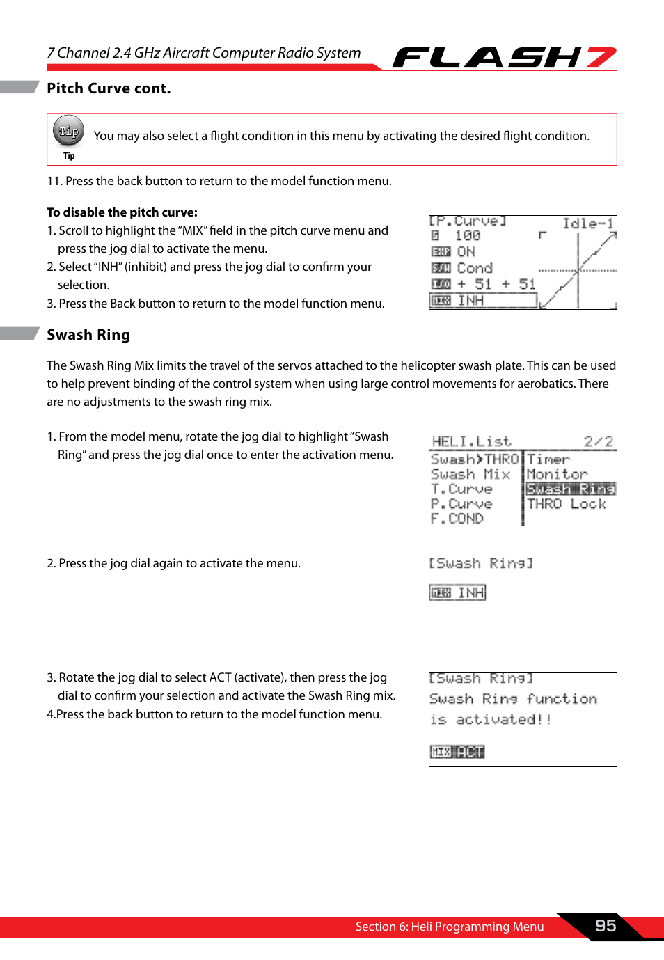 Swash ring, 7 channel 2.4 ghz aircraft computer radio system, 95 pitch curve cont | HITEC Flash 7 User Manual | Page 96 / 102