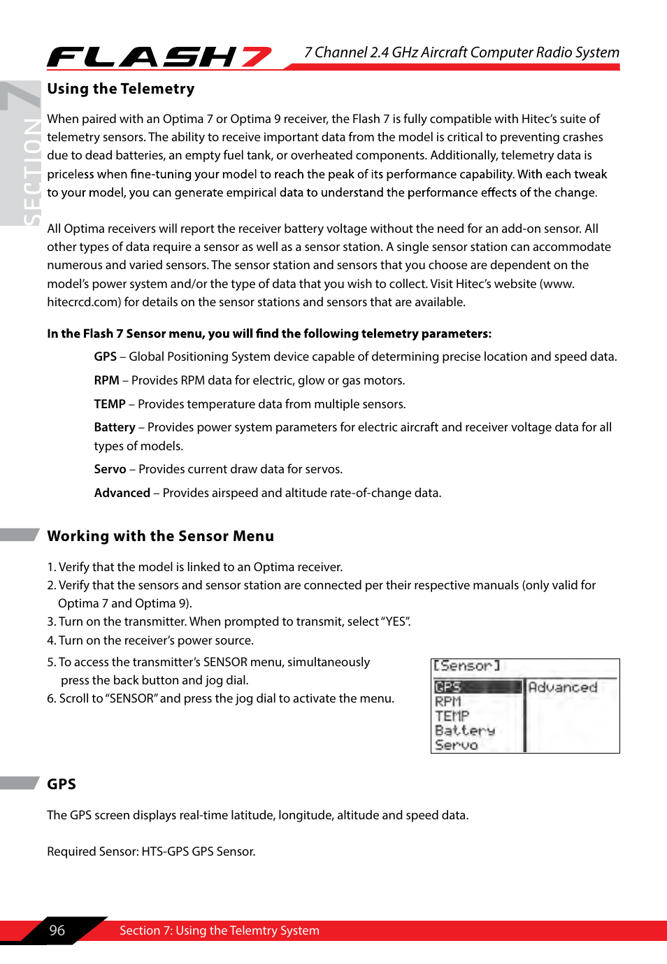 Section 7: using the telemetry, Working with the sensor menu, Using the telemetry system | Working with the sensor menu gps | HITEC Flash 7 User Manual | Page 97 / 102
