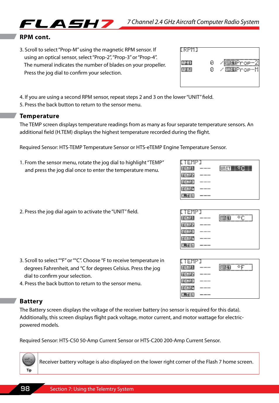 Temperature, Battery, Temperature battery | 7 channel 2.4 ghz aircraft computer radio system, 98 rpm cont | HITEC Flash 7 User Manual | Page 99 / 102