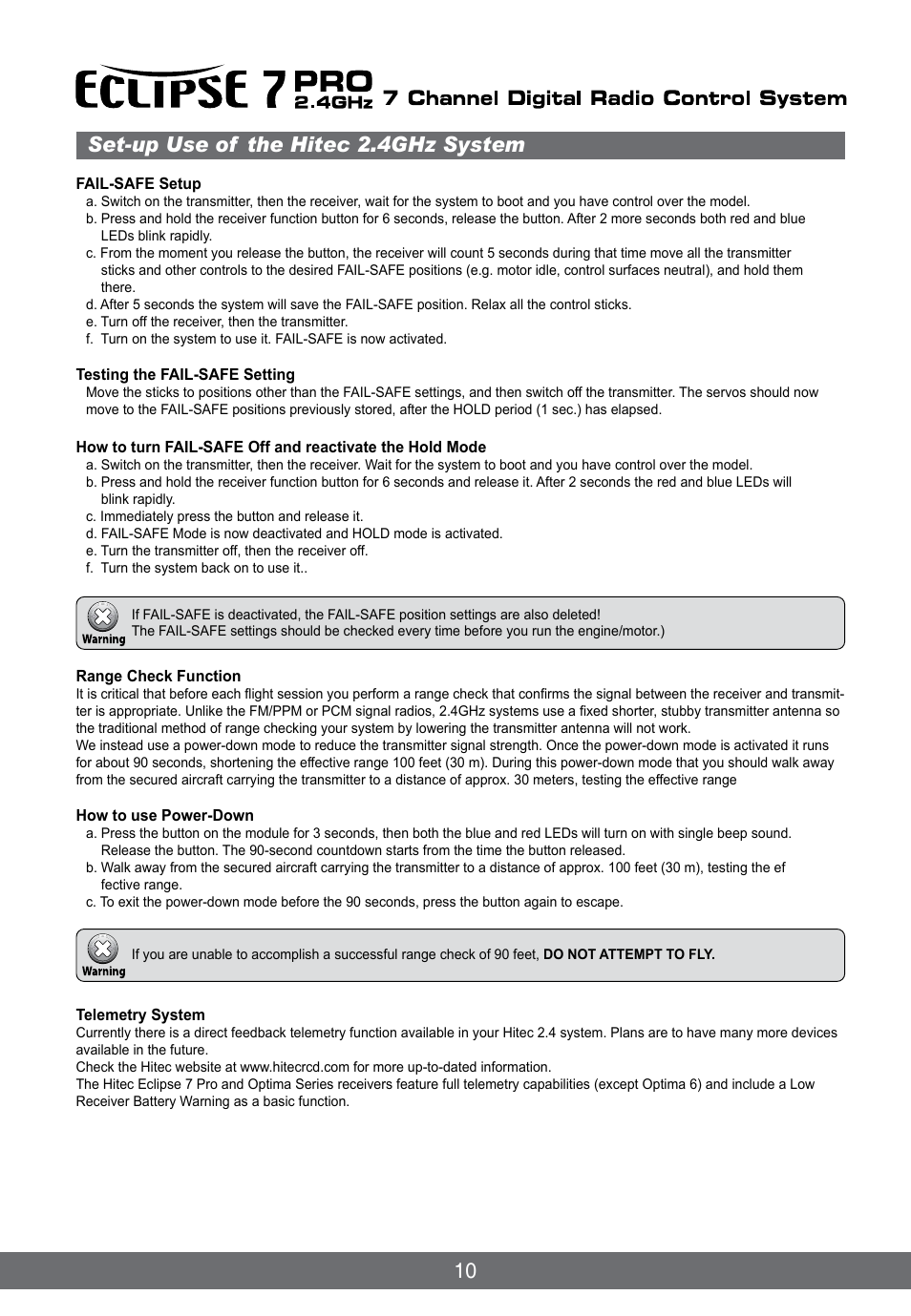 Set-up use of the hitec 2.4ghz system | HITEC Eclipse 7 Pro User Manual | Page 12 / 66