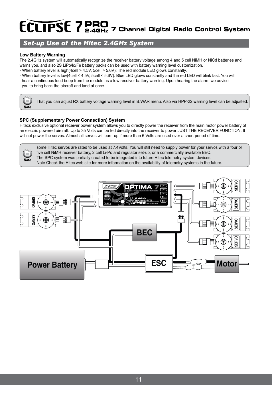 Power battery motor bec esc, Set-up use of the hitec 2.4ghz system, Optima 7 optima 7 | HITEC Eclipse 7 Pro User Manual | Page 13 / 66