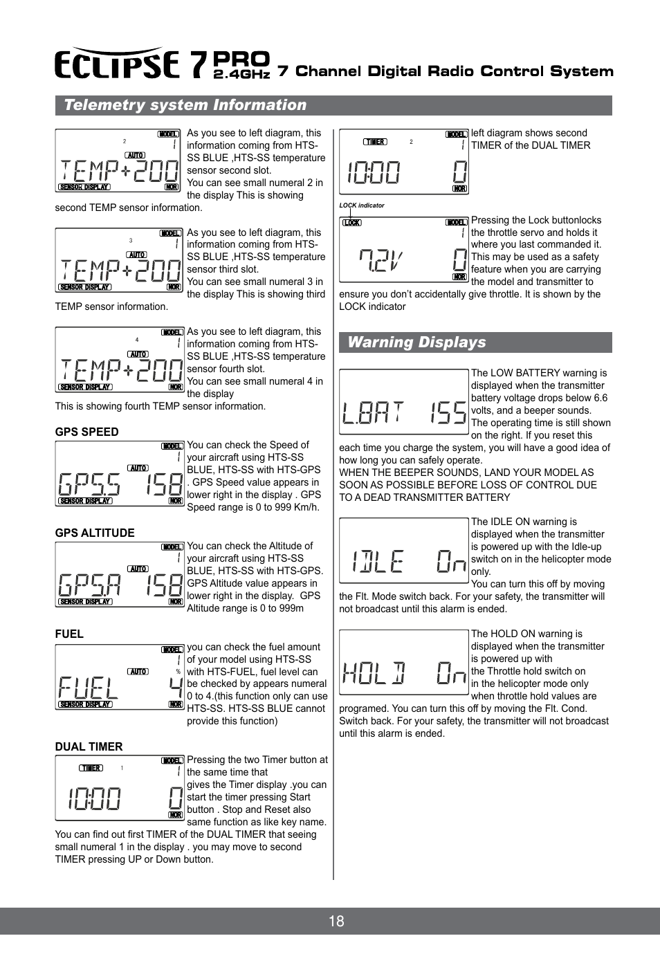 18 warning displays, Telemetry system information | HITEC Eclipse 7 Pro User Manual | Page 20 / 66