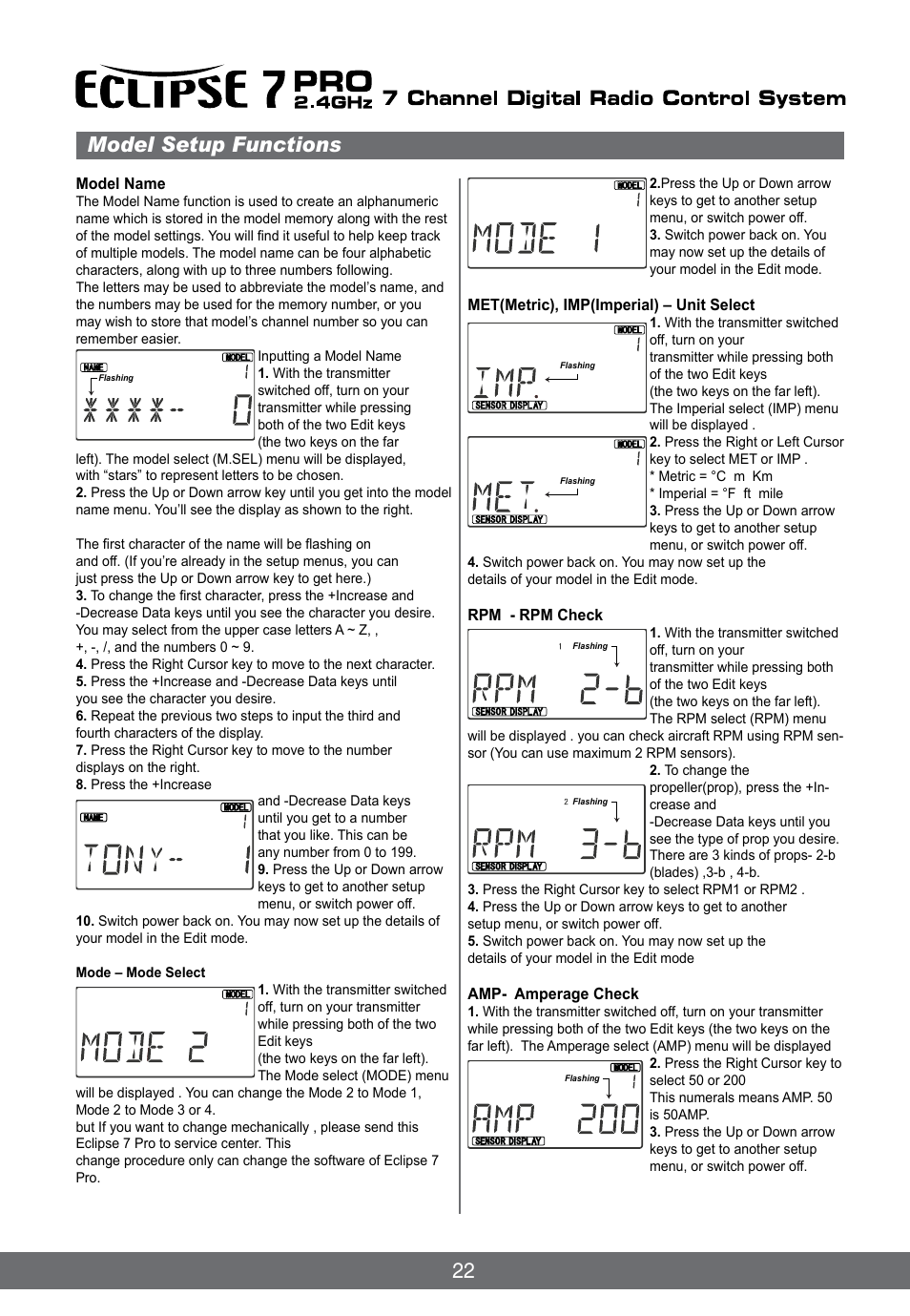 22 model setup functions | HITEC Eclipse 7 Pro User Manual | Page 24 / 66