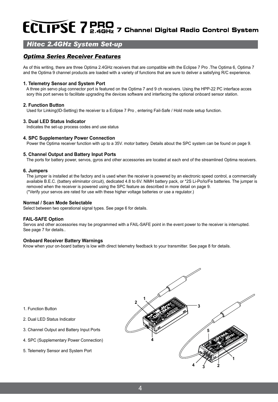 4hitec 2.4ghz system set-up, Optima series receiver features | HITEC Eclipse 7 Pro User Manual | Page 6 / 66