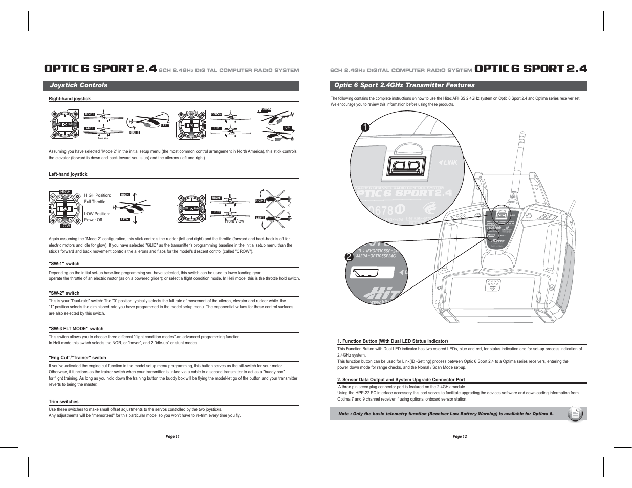 Optic 6 sport 2.4ghz transmitter features, Joystick controls | HITEC Optic 6 Sport 2.4 User Manual | Page 7 / 30