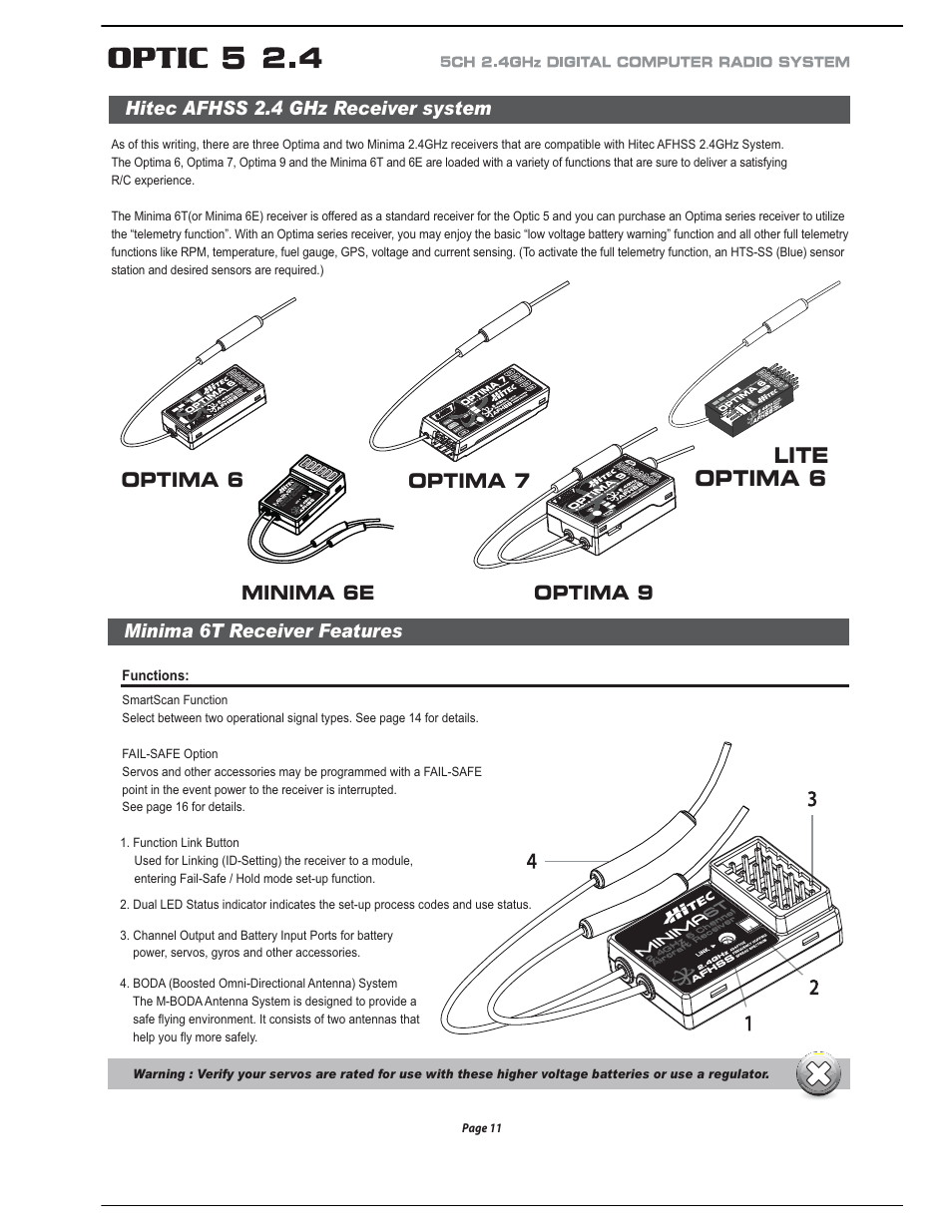 Optima 6 lite, Optima 7 optima 6, Minima 6t receiver features | Hitec afhss 2.4 ghz receiver system optima 9, Minima 6e | HITEC Optic 5 2.4 User Manual | Page 12 / 24